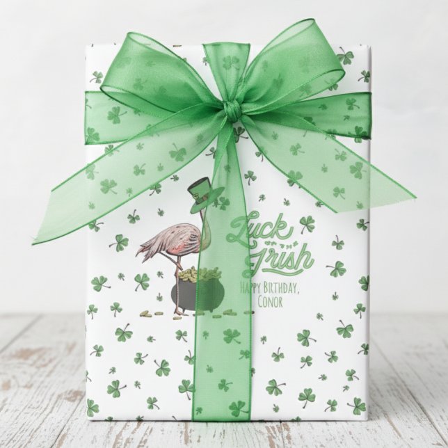 Papel De Regalo Luck of the Irish Flamingo Shamrock (Luck of the Irish Lucky Green Shamrock Wrapping Paper for March or St Patrick's Day Birthday Party)
