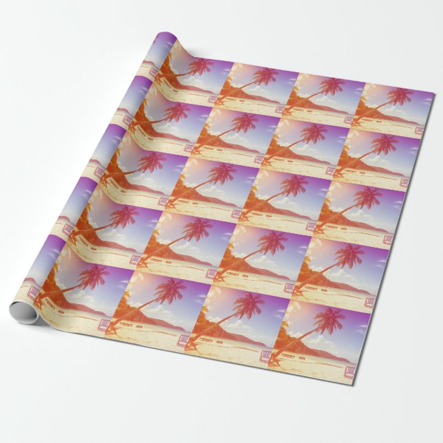 Papel De Regalo Lugar de playa, cocoteros y cama de madera. (Desenrollado)