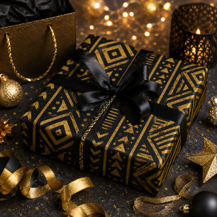 Papel De Regalo Lujo Afrocentrismo Negro y Dorado Geométrico Triba
