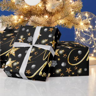 Papel De Regalo Lujo Black & Gold Stars Metallic Fashion Xmas