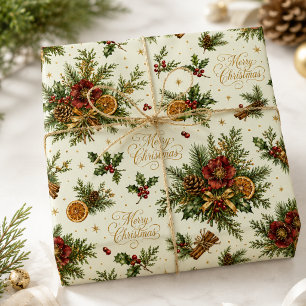 Papel De Regalo Lujo Botánico Feliz Navidad Escritura Crema Salvia