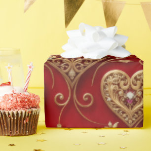 Papel De Regalo Lujo Corazón con filigrana de oro y joyas Rojo Car