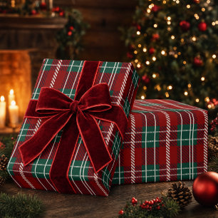 Papel De Regalo Lujo Rojo Verde & Cuadros Tartán