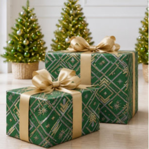 Papel De Regalo Lujo Verde Esmeralda Art Deco Oro & Plata