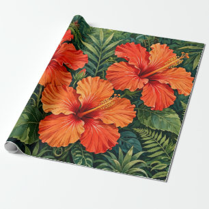 Papel De Regalo Lujosas flores tropicales de hibisco naranja selvá