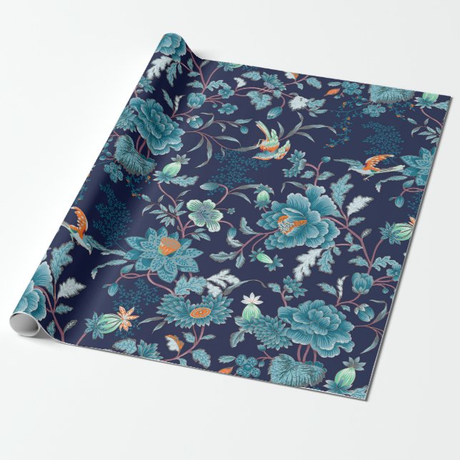 Papel De Regalo Lujoso Blue Peony japonés y pájaros románticos (Desenrollado)