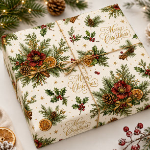Papel De Regalo Lujoso Botánico Feliz Navidad Escritura Vacacional
