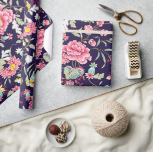 Papel De Regalo Lujoso Peón rosa japonés y pájaros románticos