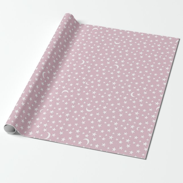 Papel De Regalo Luna blanca y estrellas con fondo rosado (Desenrollado)