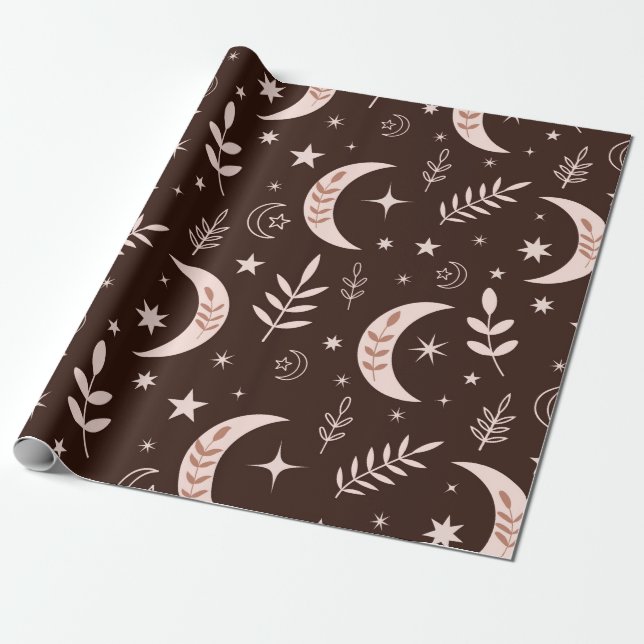 Papel De Regalo Luna Boho con Hojas y Estrellas Marrón  (Desenrollado)