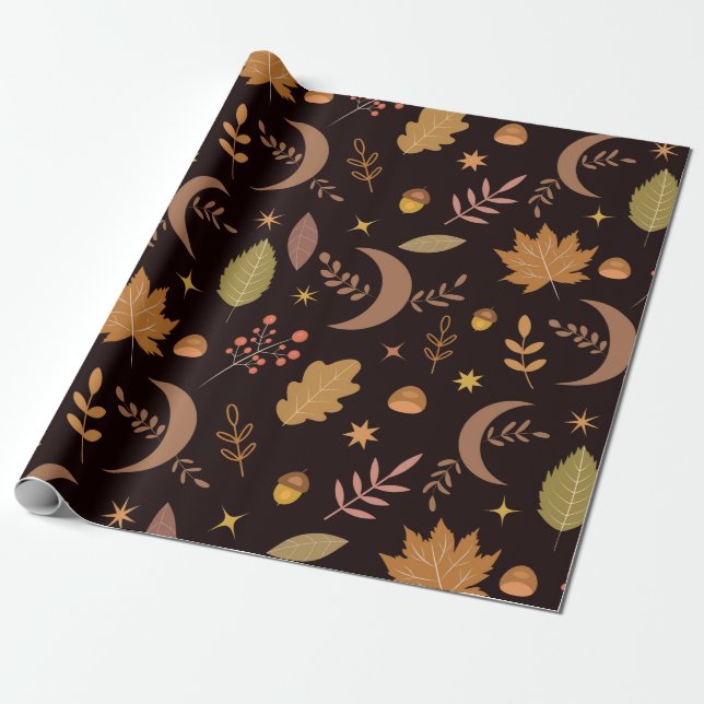 Papel De Regalo Luna Boho con patrón de hojas de otoño   (Desenrollado)