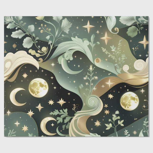 Papel de Regalo - Luna Celeste Verde Salvia (Superficie plana)