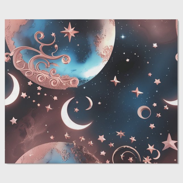 Papel de Regalo – Luna Celestial Rosa Dorado (Superficie plana)