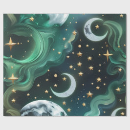 Papel de Regalo - Luna Celestial Verde Esmeralda