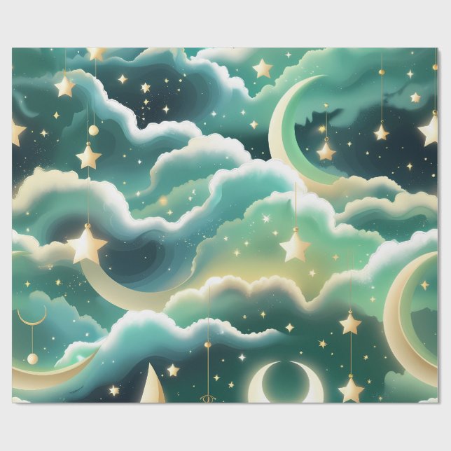 Papel de Regalo – Luna Celestial Verde Menta de Lu (Superficie plana)