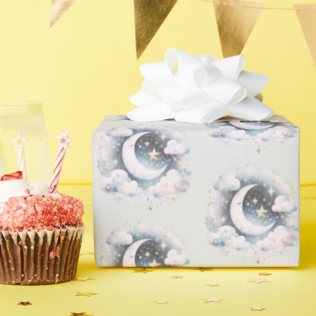 Papel De Regalo Luna Creciente Azul y Blanco Celestial Boho Modern (Fiesta de cumpleaños )