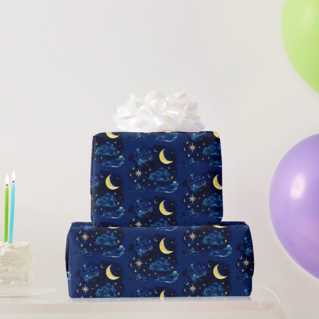 Papel De Regalo Luna Creciente Estrellas Celestiales Azules Hallow (Regalos de fiesta)