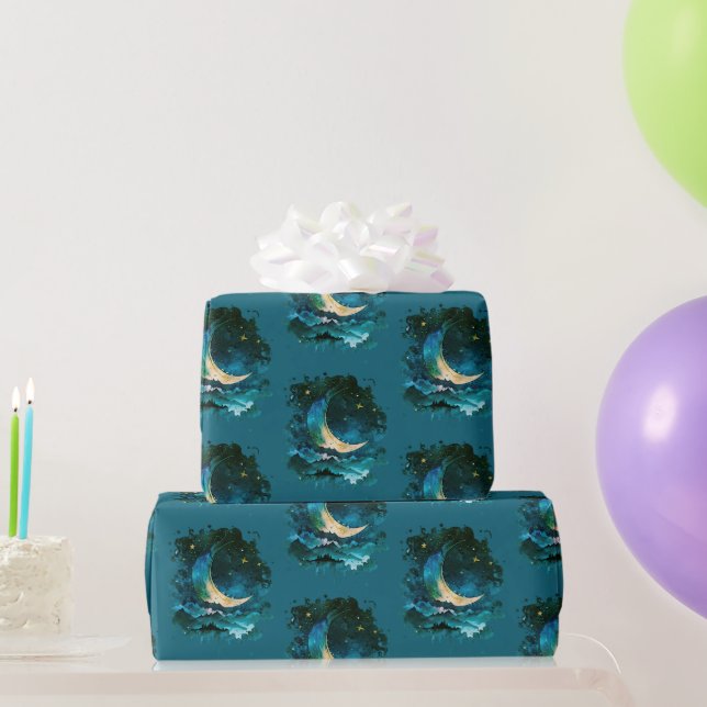 Papel De Regalo Luna Creciente Estrellas Celestiales Azules Hallow (Regalos de fiesta)