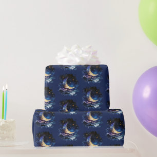 Papel De Regalo Luna Creciente Estrellas Celestiales Azules Hallow