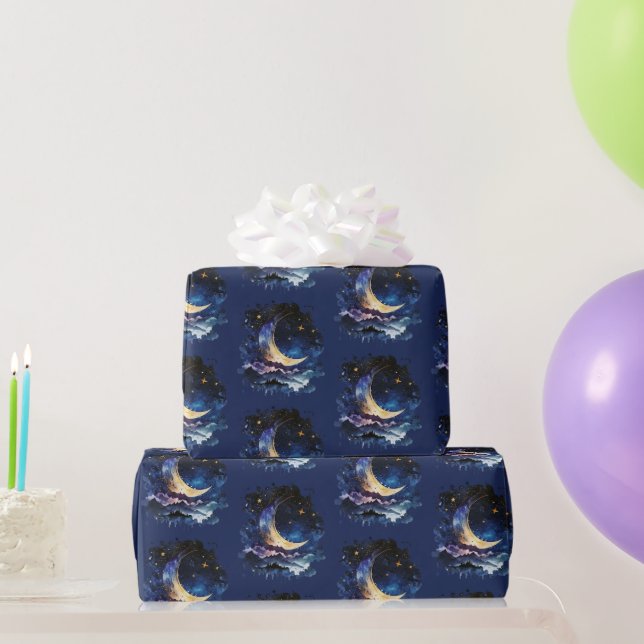 Papel De Regalo Luna Creciente Estrellas Celestiales Azules Hallow (Regalos de fiesta)