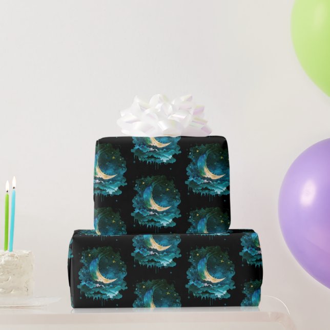 Papel De Regalo Luna Creciente Estrellas Celestiales Negro Hallowe (Regalos de fiesta)