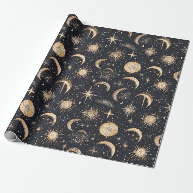 Papel De Regalo Luna de Sol Celestial y Cielo Nocturno de Estrella (Desenrollado)