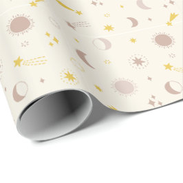 Papel De Regalo Luna de sol espacial y estrellas en crema