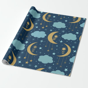Papel De Regalo Luna Dorada con flores y nubes