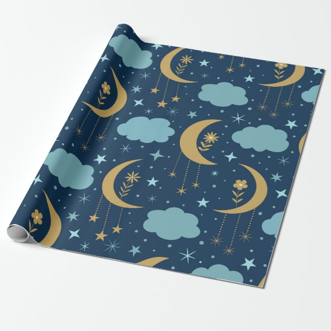Papel De Regalo Luna Dorada con flores y nubes (Desenrollado)