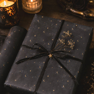 Papel De Regalo Luna Estrellas Celestiales Negro Oro Solsticio de