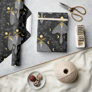 Papel De Regalo Luna, fases lunares y patrón de damasco de hiedra