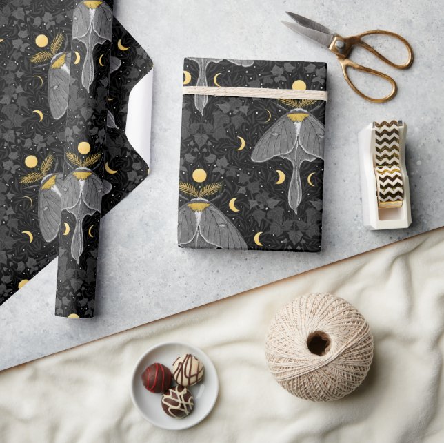 Papel De Regalo Luna, fases lunares y patrón de damasco de hiedra (Artesanía)