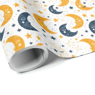 Papel De Regalo Luna y estrellas amarillas azules