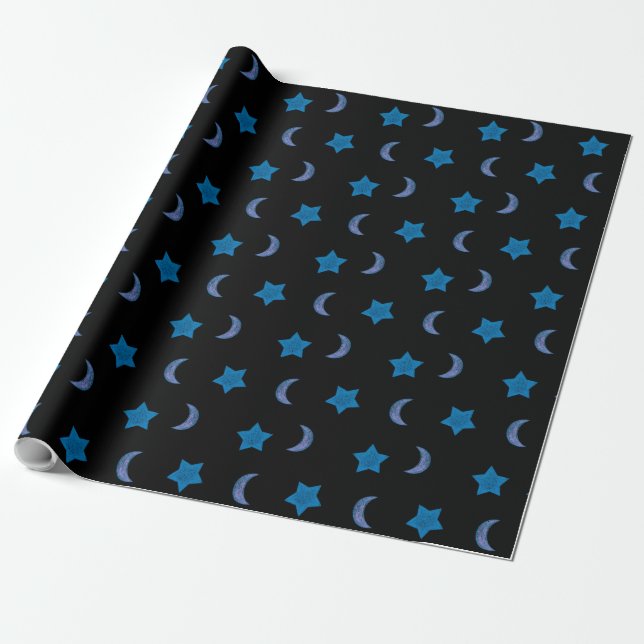 Papel De Regalo Luna y estrellas azules y negras (Desenrollado)