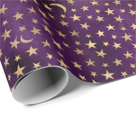 Papel De Regalo Luna y estrellas celestes doradas púrpura oscuro