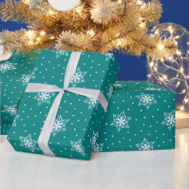 Papel De Regalo Lunares Copos de Nieve Blancos Navidad Azul Teal