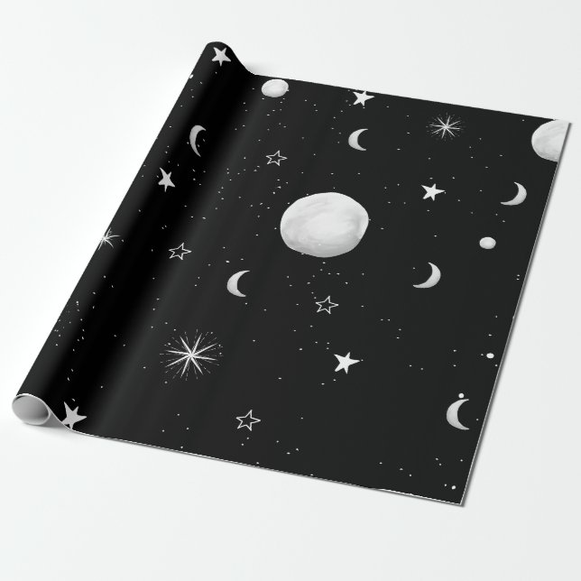 Papel De Regalo Lunas negras y blancas y estrellas (Desenrollado)