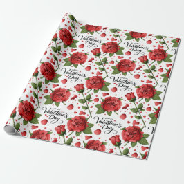 Papel De Regalo Lush Red Roses with Scattered Heart Petals Pattern