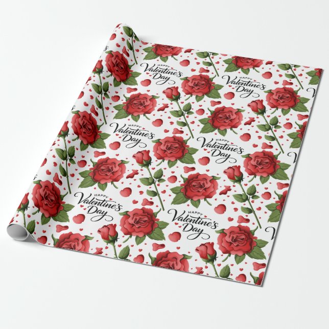 Papel De Regalo Lush Red Roses with Scattered Heart Petals Pattern (Desenrollado)