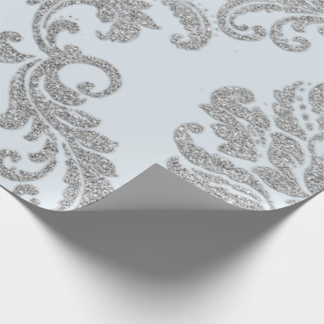 Papel De Regalo Lux Purpurina azul metálico Damask Silver Gray Roy (Esquina)