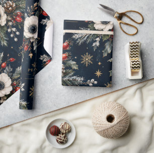 Papel de regalo LUXUOSO Navidad Botánico Floral Az