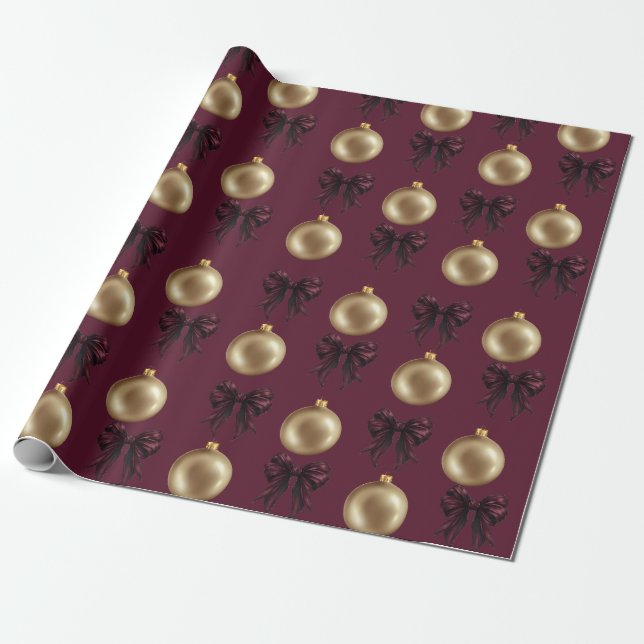 Papel De Regalo Luxury Burgundy & Gold Baubles & Bows (Desenrollado)