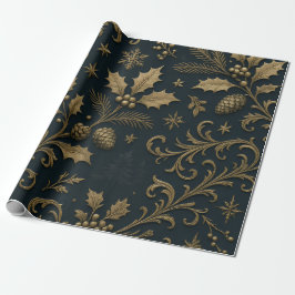 Papel De Regalo Luxury Gold & Navy Gilded Botanical Christmas