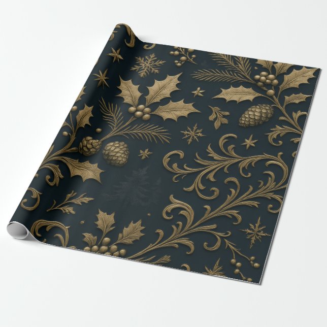 Papel De Regalo Luxury Gold & Navy Gilded Botanical Christmas (Desenrollado)