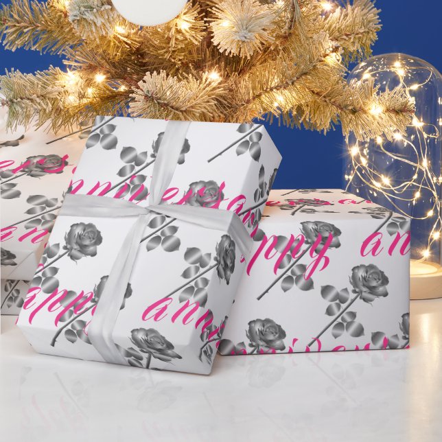 Papel De Regalo Luxury Happy Floral Silver 25° aniversario (Vacaciones)