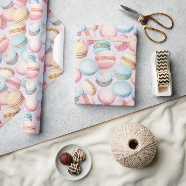 Papel De Regalo Macarons Rosa Azul Amarillo Cumpleaños   (Artesanía)
