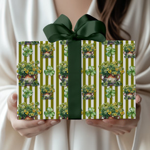 Papel De Regalo Maceta de trébol a rayas verde oliva día de San Pa