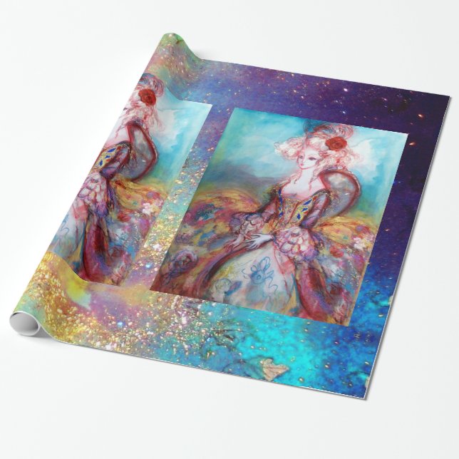 Papel De Regalo MADAME POMPADOUR / Parques azules de oro brillante (Desenrollado)