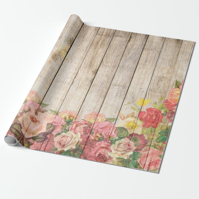 Papel De Regalo Madera de Rosas Rústicos Vintage (Desenrollado)