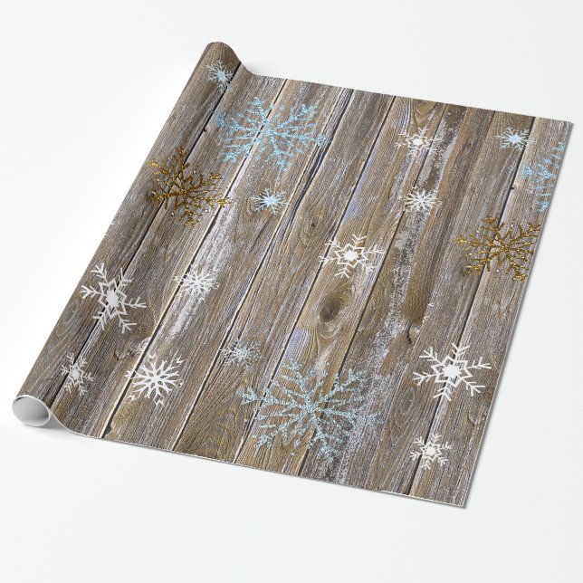 Papel De Regalo Madera rústica con copos de nieve azules y dorados (Desenrollado)